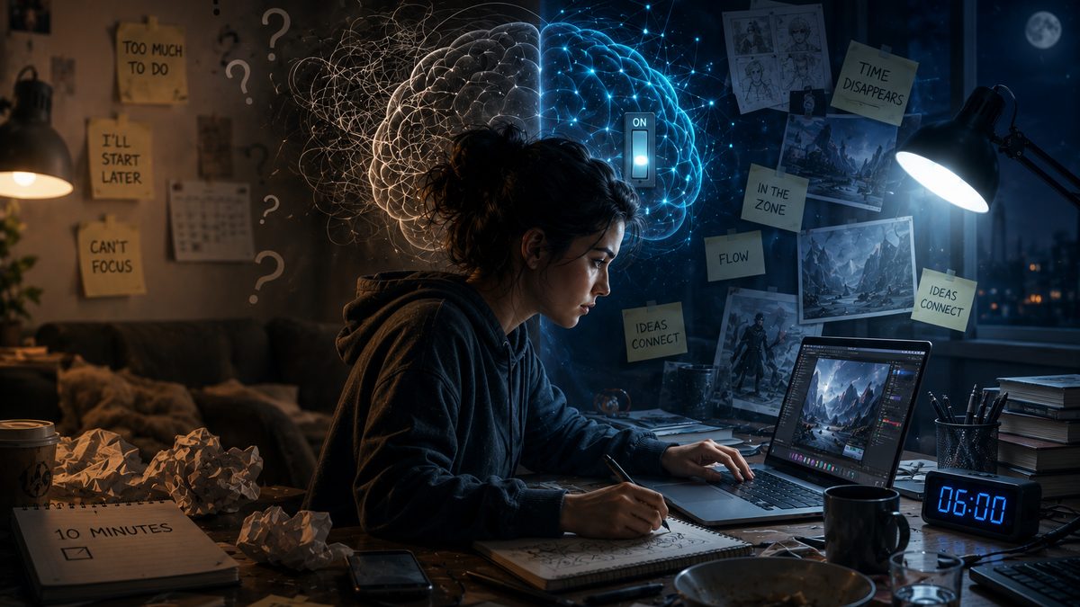 The same brain, scattered on one side and completely locked in on the other.