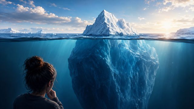 An iceberg with a small peak above the water and a huge mass below