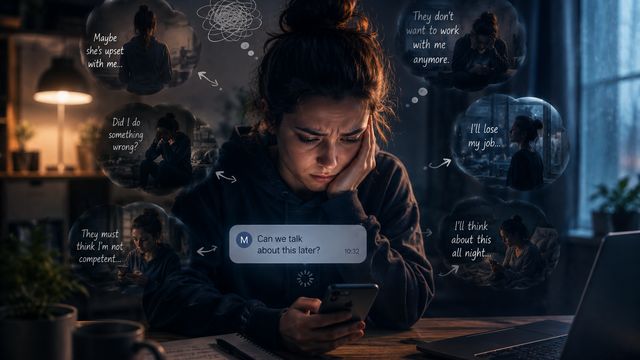 A woman staring at a short message, surrounded by spiralling worst-case thoughts