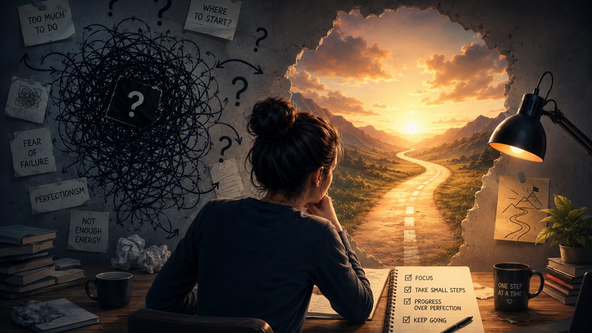 A wall of doubts on one side, an open road on the other — the two sides of task paralysis.