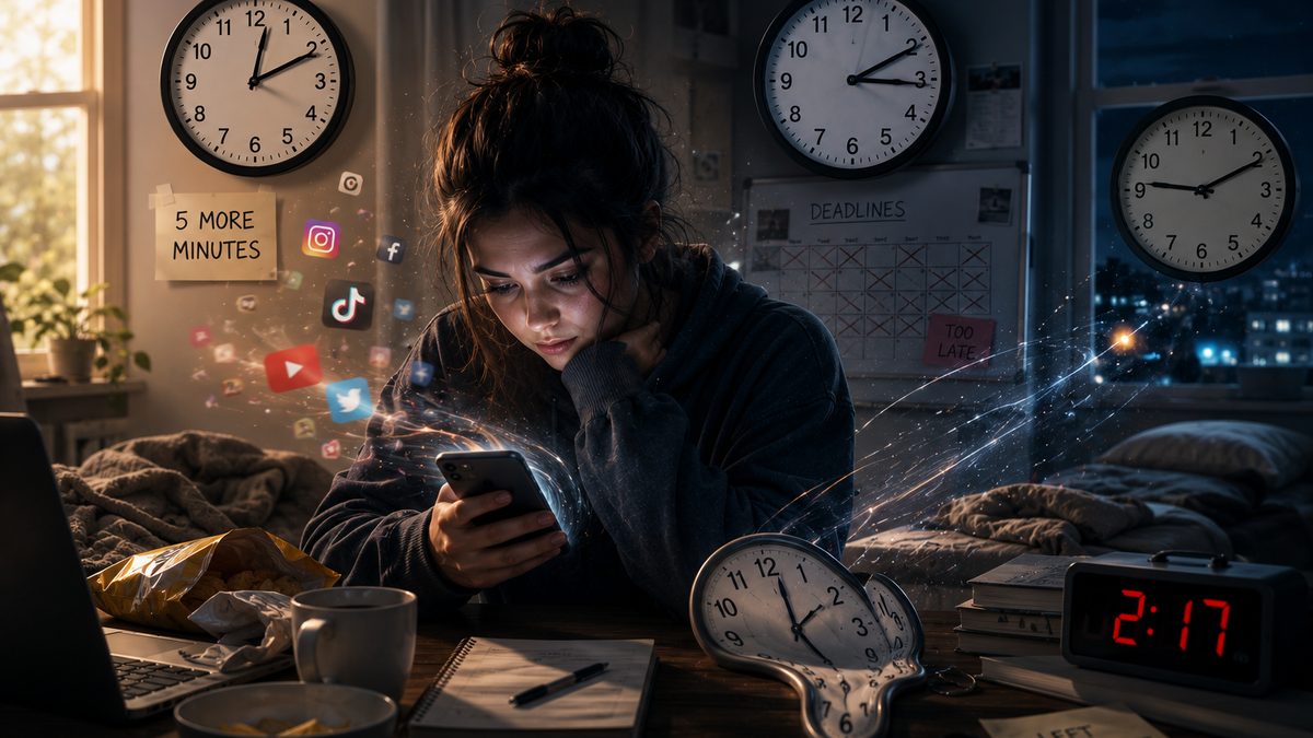 A person surrounded by clocks, attention pulled away from the task in front of them
