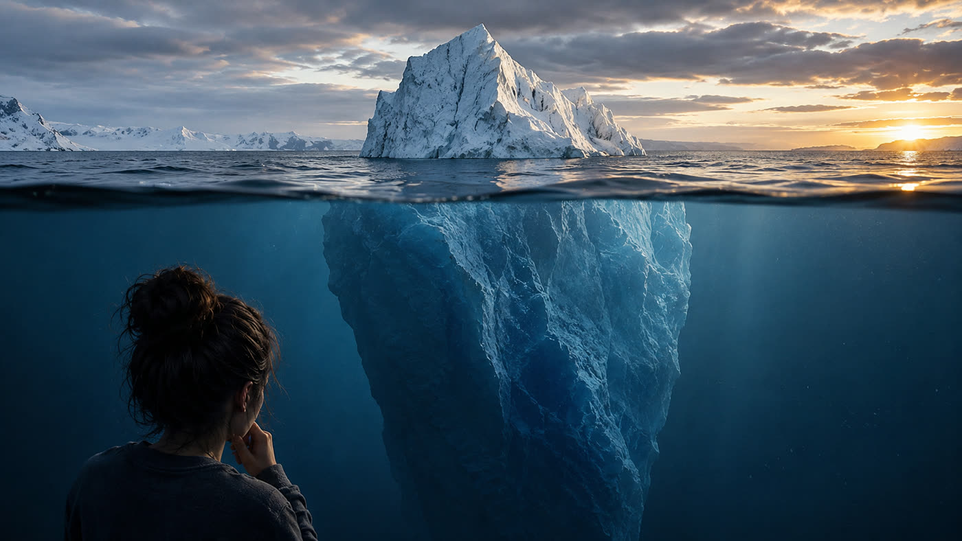 A woman looking at an iceberg with a small peak above the water and a vast mass hidden beneath it