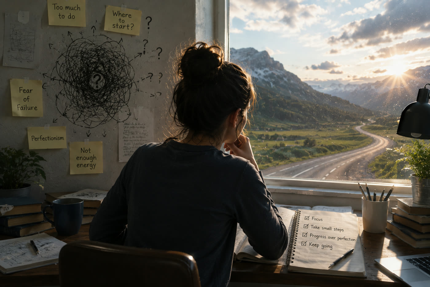 A woman at a desk facing a wall of sticky notes reading too much to do, where to start, fear of failure, perfectionism, not enough energy